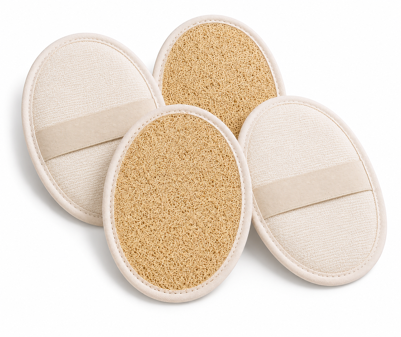 Petika Natural Loofah Sponge (Pack of 4) | 100% Plant-Based Natural Luffa Body Scrub Pad for Gentle Exfoliation | Oval & Rectangular Loofah Pad | Biodegradable, Quick-Dry Bath Loofah for Men & Women